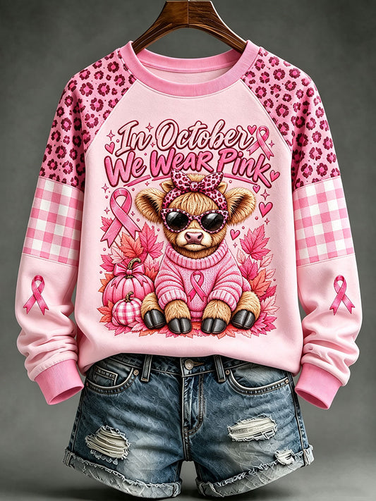 Women's "In October We Wear Pink" Highland Cow Sweatshirts