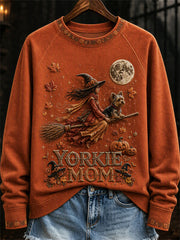 Women's Halloween Fall Yorkie Mom Witch & Dog Print raglan sleeve sweatshirt