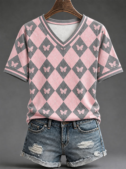Women's Pink Preppy-Style Argyle Casual T-Shirt