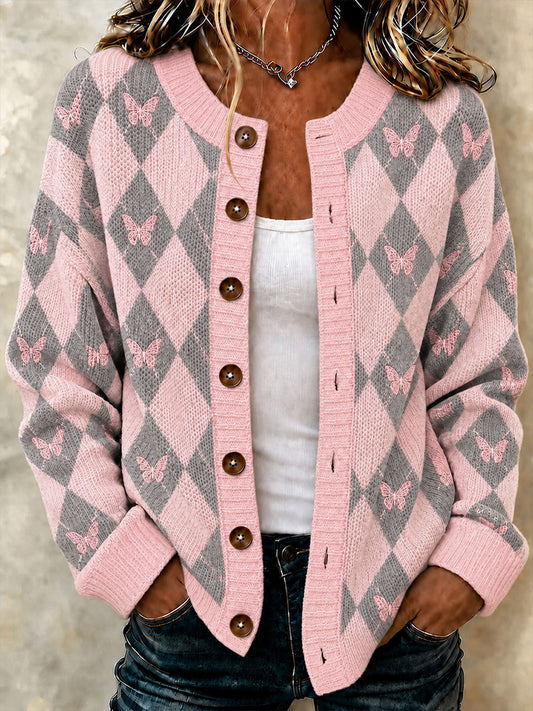 Women's Pink Preppy-Style Argyle Casual Cardigan-Style Knit Jacket