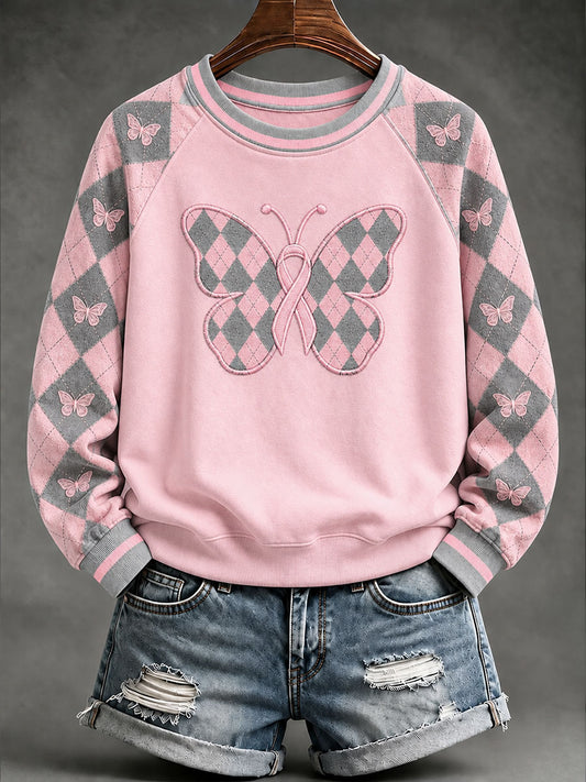 Women's Pink Preppy-Style Argyle Casual Raglan Sleeve Sweatshirt