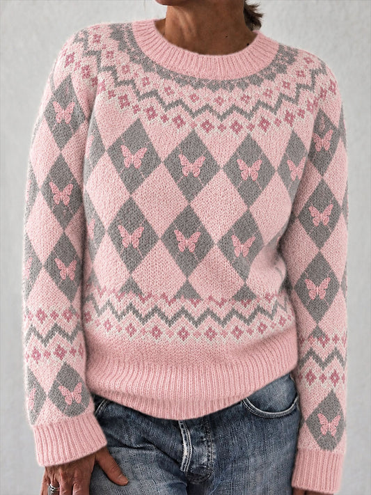 Women's Preppy Style Argyle & Butterfly Print Casual Top