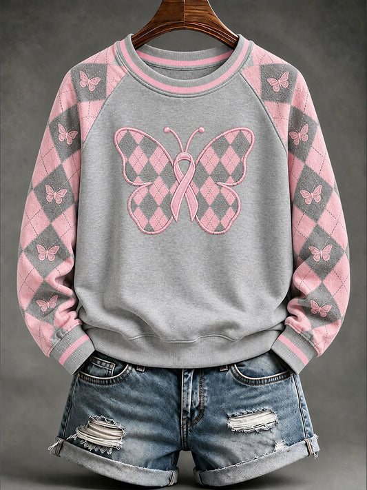 Women's Pink Preppy-Style Argyle Casual Raglan Sleeve Sweatshirt