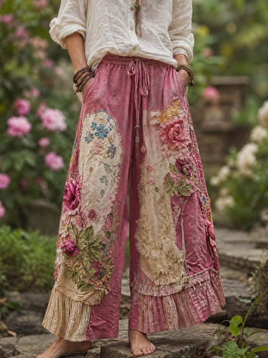 Women's Bohemian Floral Embroidery Art Contrast Color Linen Blend Casual Pants