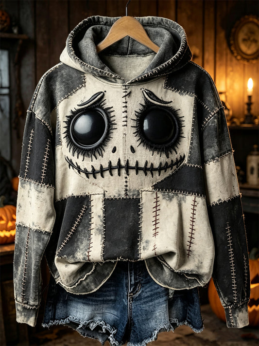 Women's Halloween Spooky Stitched Monster Colorblock Patchwork Print Cozy Hoodie
