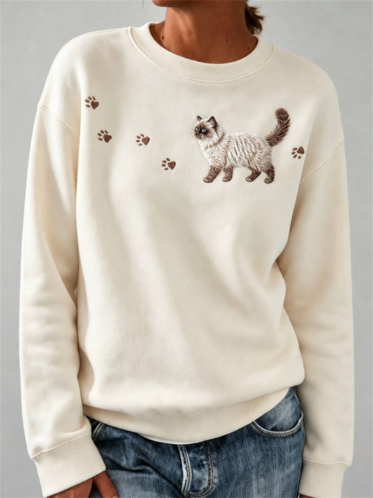 Women's Lovely Fuzzy Ragdoll Cat & Paw Prints Print Sweatshirt
