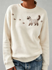 Women's Lovely Fuzzy Ragdoll Cat & Paw Prints Print Sweatshirt