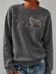Women's Lovely Fuzzy British Shorthair Cat & Paw Prints Print Sweatshirt