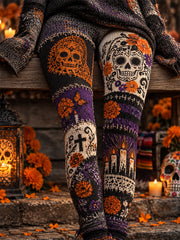 Women's Mexico Day of The Dead Art Print Casual Velvet Leggings