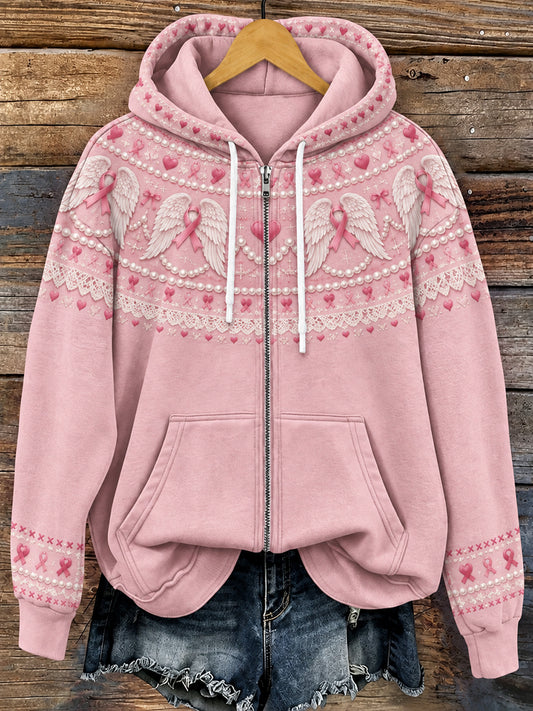 Women's Vintage Pink Ribbon Wings Print Cozy Zip-Up Hoodie