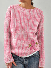 Women's Pink Ribbon Floral Print Long-sleeved Sweater