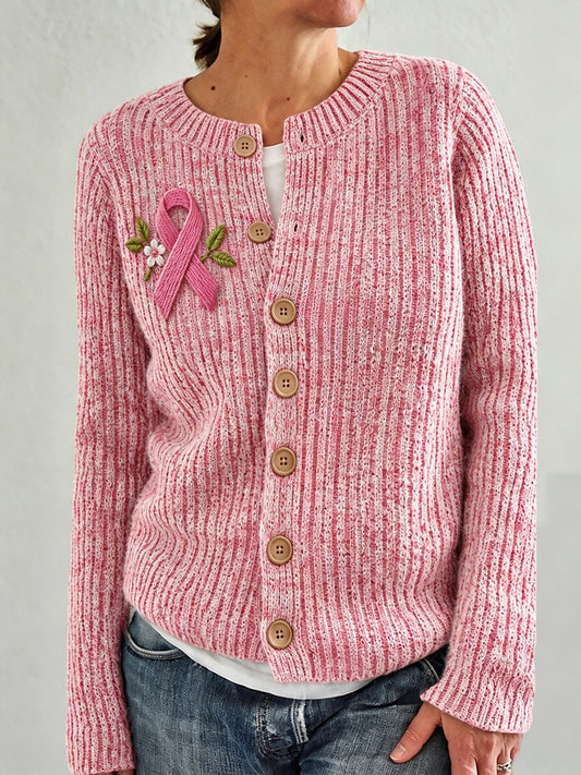 Women's Pink Ribbon Floral Print Cardigan-Style Knit Jacket