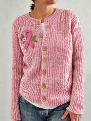 Women's Pink Ribbon Floral Print Cardigan-Style Knit Jacket