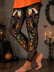 Women's Halloween Black Cat Witch Hat Print Leggings