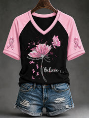 Women's Pink Rhinestone Butterfly Breast Cancer Awareness Short-Sleeved T-Shirt