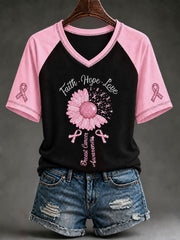 Women's Pink Rhinestone Floral Breast Cancer Awareness Short-Sleeved T-Shirt