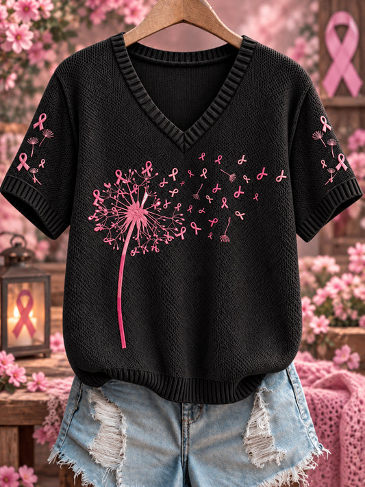 Women's Breast Cancer Pink V-Neck Comfortable Knit Sweater