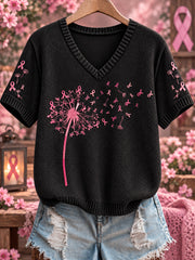 Women's Breast Cancer Pink V-Neck Comfortable Knit Sweater
