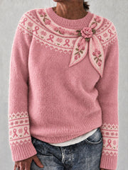 Women's Pink Ribbon Floral Art Print Sweater