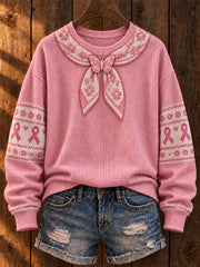 Women's Pink Ribbon Floral Art Print Sweater