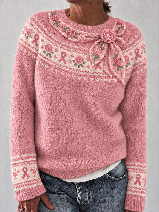 Women's Pink Ribbon Floral Art Print Sweater