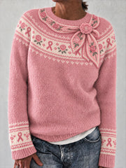Women's Pink Ribbon Floral Art Print Sweater