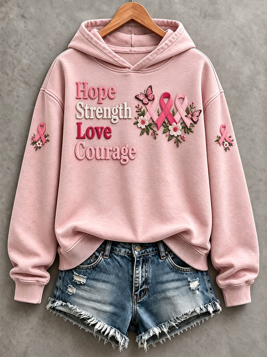Women's Hope Strength Love Courage Pink Ribbon Print Hooded Sweatshirt
