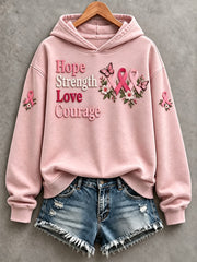 Women's Hope Strength Love Courage Pink Ribbon Print Hooded Sweatshirt