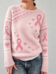 Women's Classy Pink Ribbon Print Long-sleeved Sweater