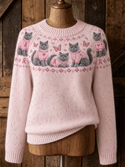 Women's Cat Pattern and Pink Charity Ribbon Design Casual Raglan Sleeve Sweater