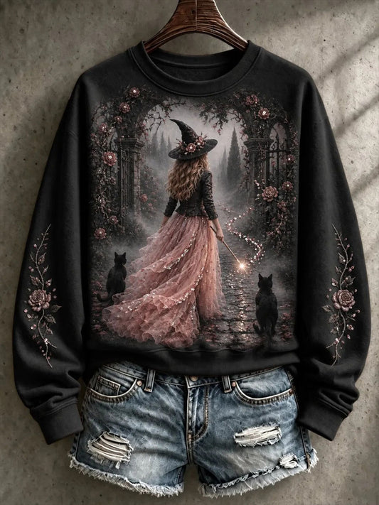 Women's Breast Cancer Awareness Pink Witch Black Cat Print Sweatshirt