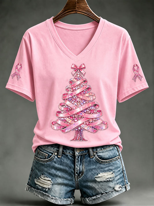 Women's Breast Cancer Awareness Pink Ribbon Christmas Tree Short-sleeved T-shirt