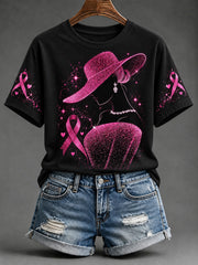 Women's Elegant Glitter Lady Pink Ribbon Print Short-sleeved T-shirt