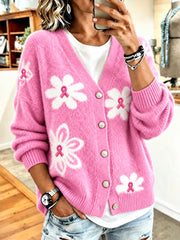 Women's Breast Cancer Awareness Support Pink Flowers Cardigan