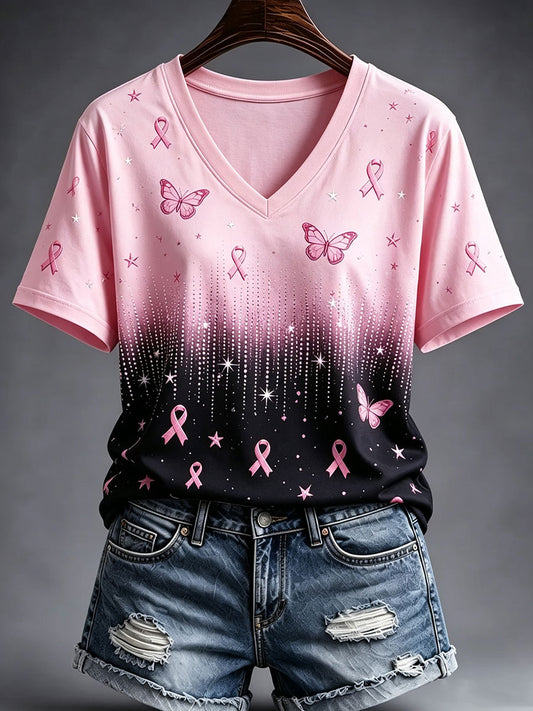 Women's Breast Cancer Awareness Butterfly Print Short-sleeved T-shirt