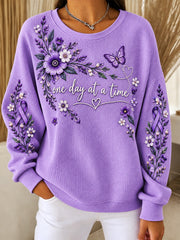 Women's Purple Floral & Alzheimer's Awareness Support Print Ribbed Round-Neck Sweatshirt