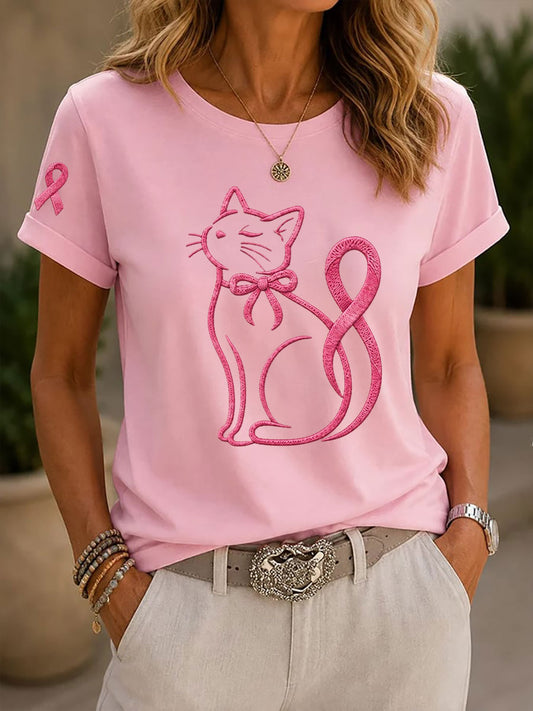 Women's Breast Cancer Awareness Cat Print Casual T-Shirt