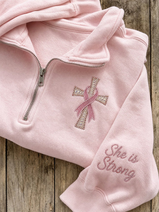 Women's She Is Strong Pink Ribbon Cross Glitter Art Print Zip Up Sweatshirt