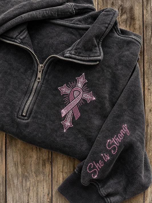 Women's She Is Strong Pink Ribbon Cross Glitter Art Print Zip Up Sweatshirt