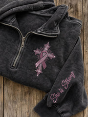 Women's She Is Strong Pink Ribbon Cross Glitter Art Print Zip Up Sweatshirt