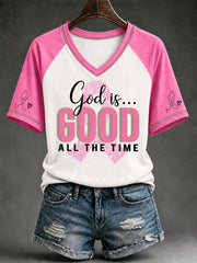 Women's Breast Cancer Awareness Pink Ribbon Support V-Neck Short Sleeve T-Shirt