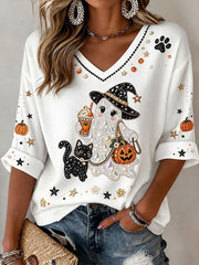 Women's Halloween Ghost Print Waffle T-shirt