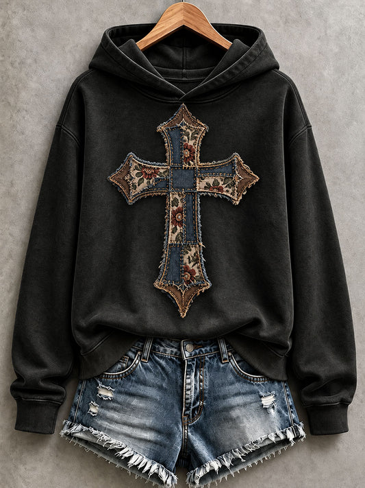 Women's Patchwork Art Cross Hoodie