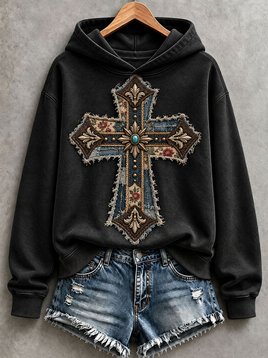 Women's Patchwork Art Cross Hoodie