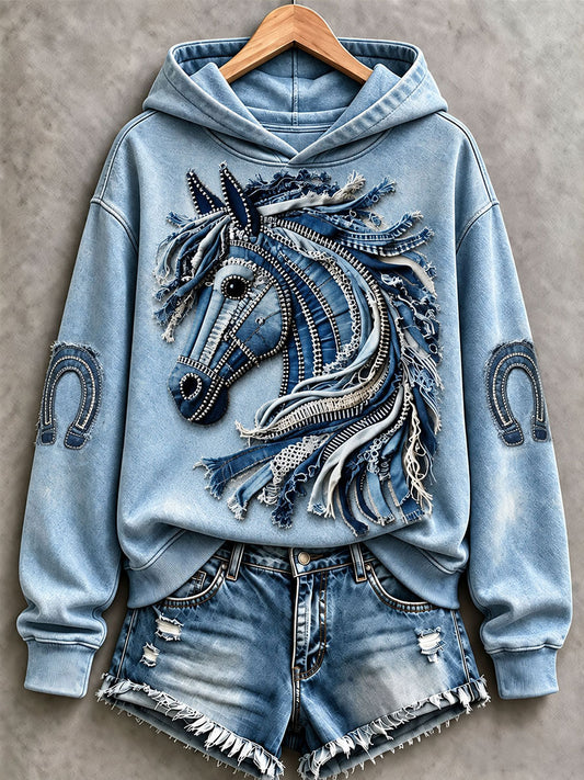 Women's Denim Patchwork Horse Print Regular Sweatshirt