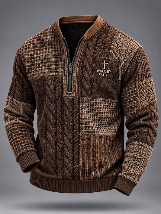 Men's Walk By Faith Cross Faith Colorblock Cable Pattern Print Casual Zipper Pullover
