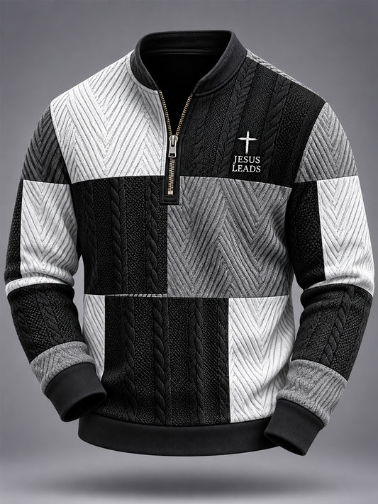 Men's Jesus Cross Faith Colorblock Cable Pattern Print Casual Zipper Pullover