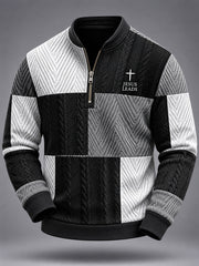 Men's Jesus Cross Faith Colorblock Cable Pattern Print Casual Zipper Pullover