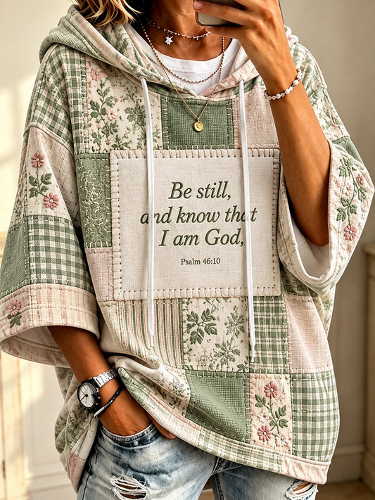 Women's Vintage Cottagecore Floral Patchwork Scripture Print Cozy Hoodie