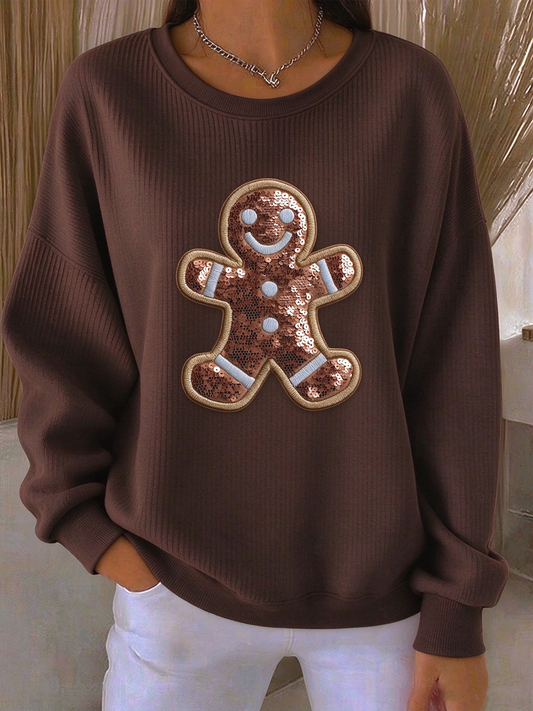 Women's gingerbread man print Ribbed Round-Neck Sweatshirt